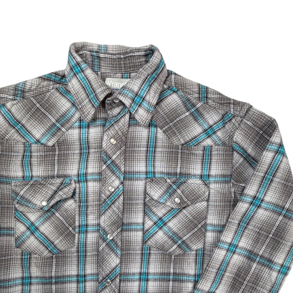 Wrangler Wrancher Men M Grey Turquoise Plaid Western Pearl Snap Flannel
